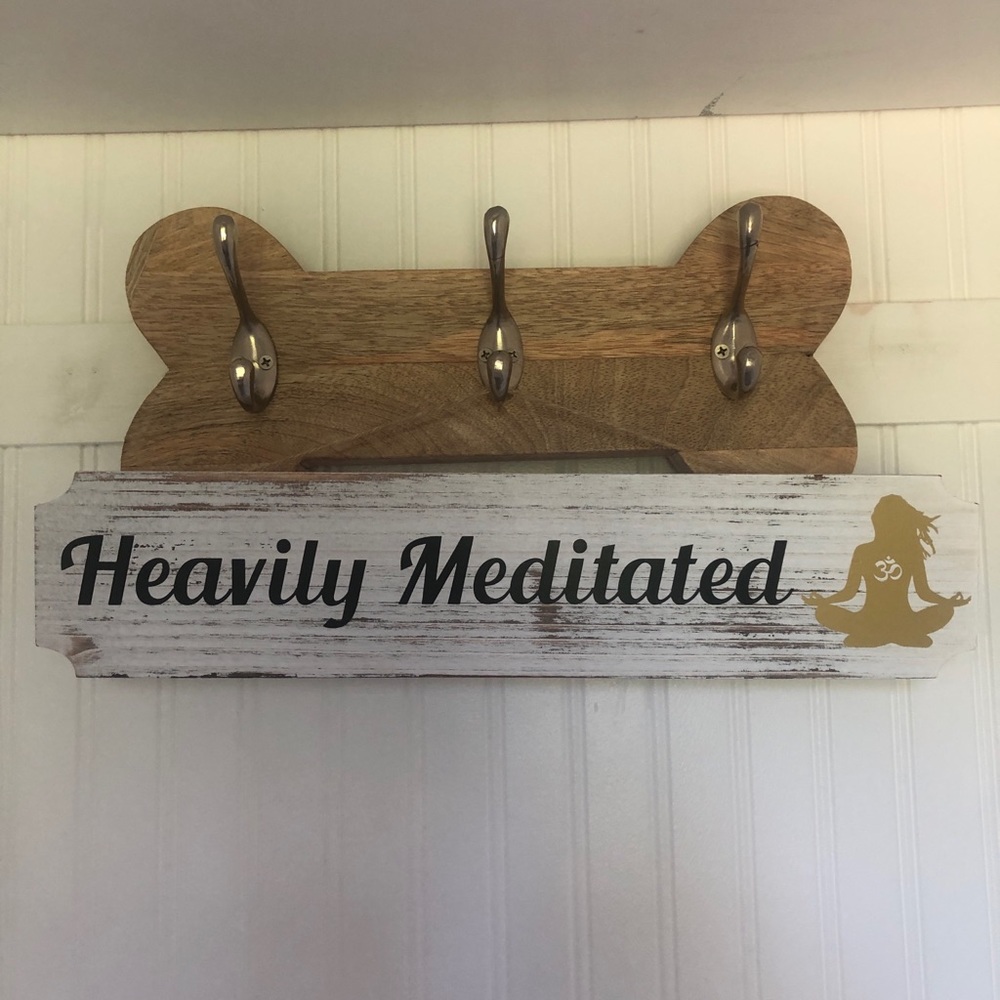“Heavily Meditated” Yoga pose whitewash wood sign